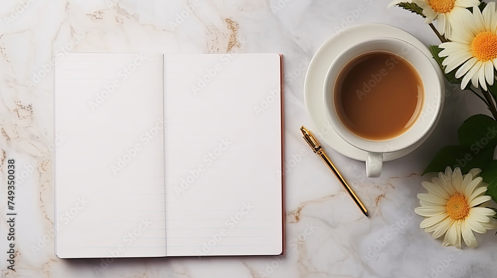 Top view of blank diary page on white marble table with one pen, one cup of hot tea, and daisy flowers beside it Top view of blank diary page on white marble table with one pen, one cup of hot tea, and daisy flowers beside it
