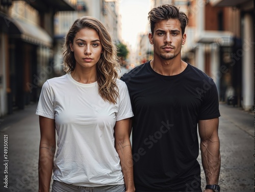 A handsome young man with a black T-shirt and a beautiful woman with a black T-shirt is looking at the camera while standing on a city street. Mockup design concept