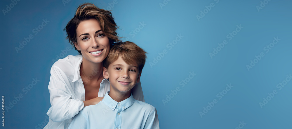 Mother's Day Mother and Son on a Blue Banner with Space for Copy Mother's Day Mother and Son on a Blue Banner with Space for Copy