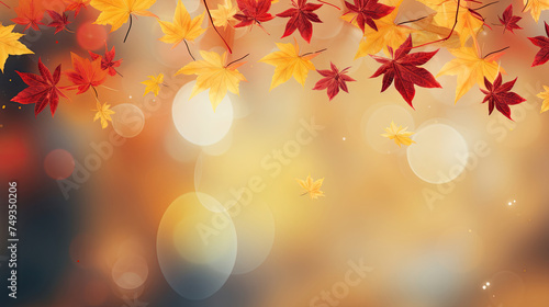 Seasonal Autumn red and yellow Maple leaves with soft focus light and bokeh background created with Generative AI Technology