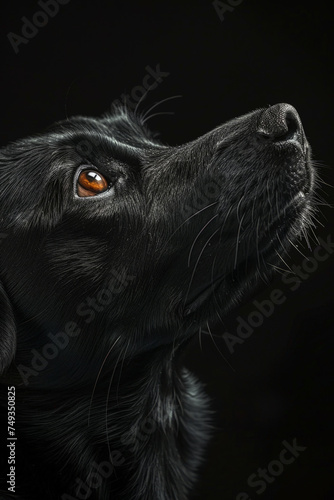 Black dog on dark background with bright color eyes