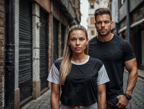 A young couple of sporty people in black T-shirts posing in the city. Mockup design concept