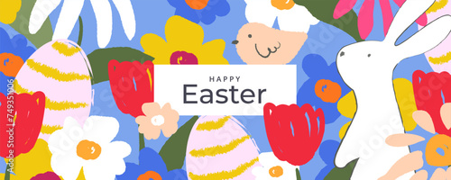 Happy Easter banner. Trendy Easter design with typography, hand painted pattern with spring flowers, egg, chick and Easter bunny. Modern art style. Horizontal poster, greeting card, header for website