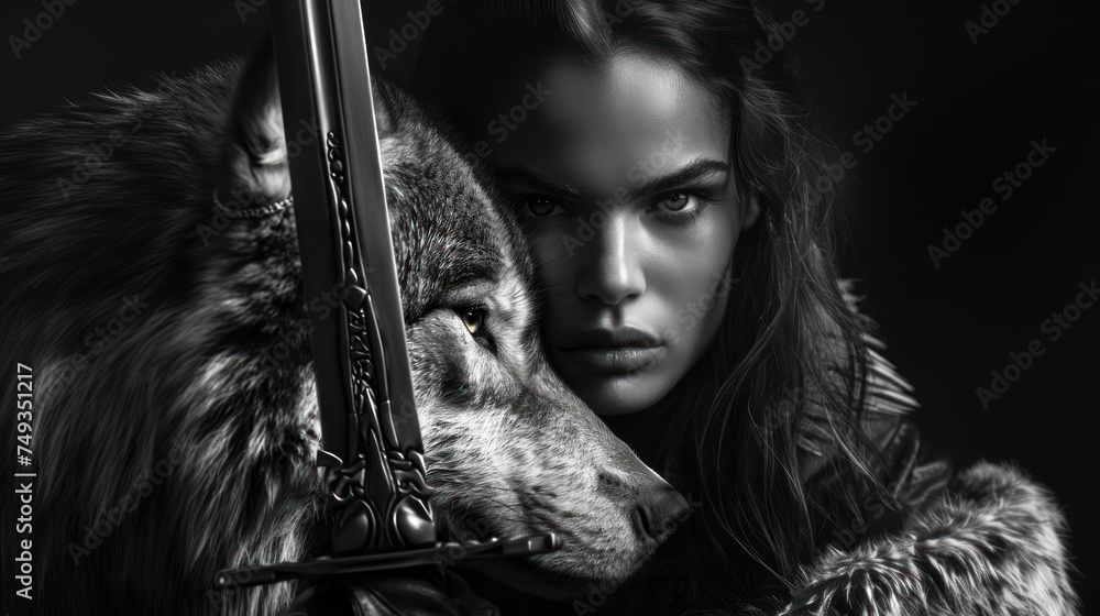 A dramatic black and white portrait featuring a woman holding an ornate sword,  and a wolf in close proximity - AI Generated Digital Art - obrazy, fototapety, plakaty 