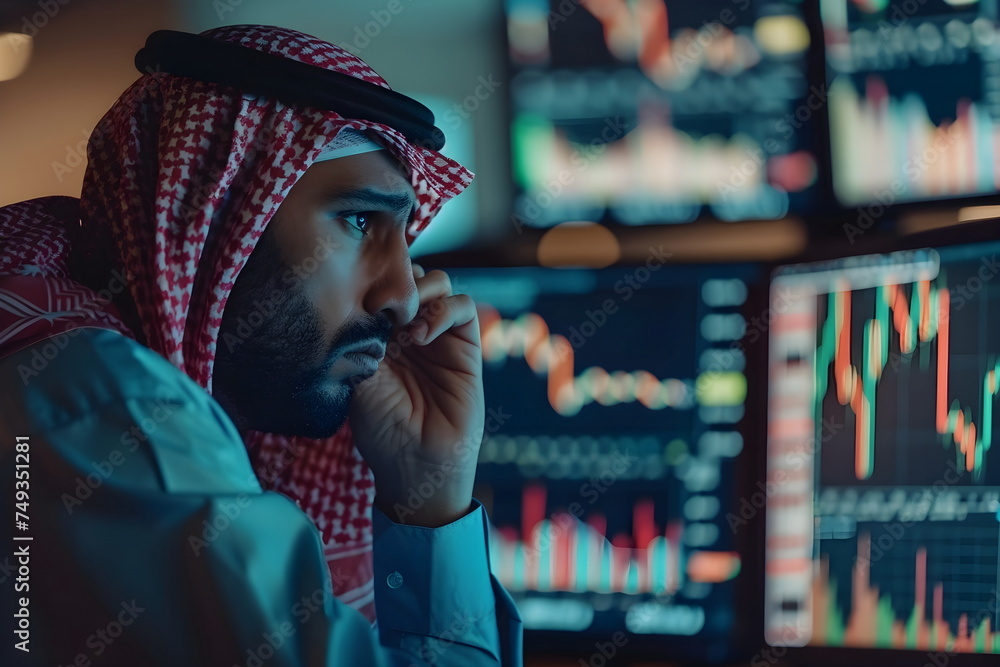 A sad arabian man looking at a display with stock exchange data and chart graphs