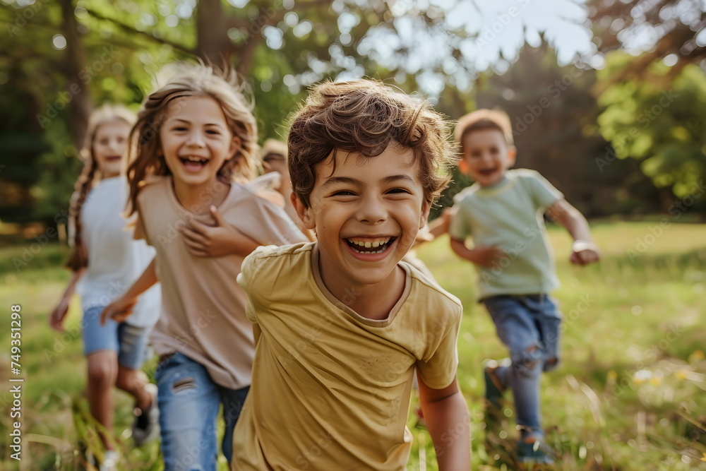 Closeup of children running and smiling outdoors Closeup of children running and smiling outdoors