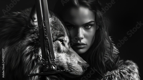 A dramatic black and white portrait featuring a woman holding an ornate sword,  and a wolf in close proximity - AI Generated Digital Art