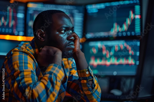 A sad african man looking at a display with stock exchange data and chart graphs © dobok