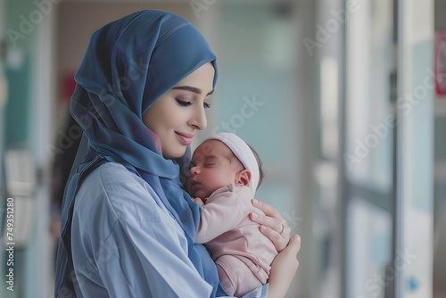 nurse woman holding a newborn baby in a hospital room