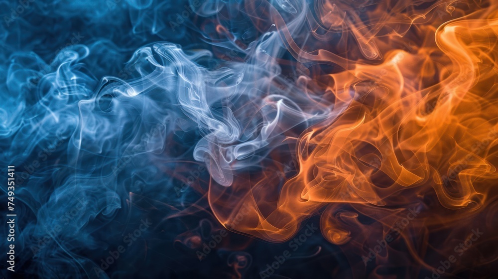 An image capturing the mesmerizing dance of smoke, with a striking interplay of blue and orange hues - AI Generated Digital Art
