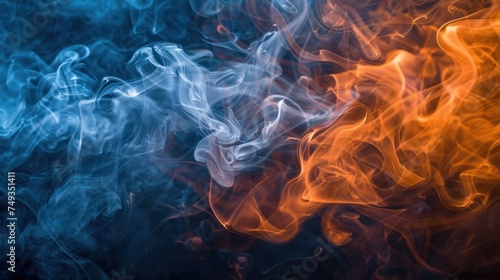 An image capturing the mesmerizing dance of smoke, with a striking interplay of blue and orange hues - AI Generated Digital Art