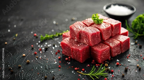 A stack of precisely cut raw beef cubes on a dark, textured surface- AI Generated Digital Art