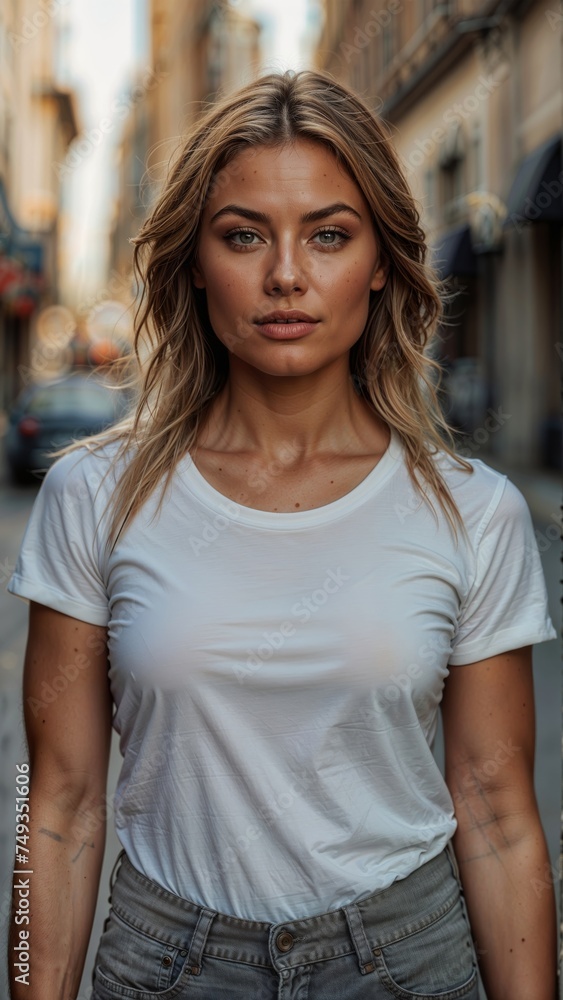 Beautiful young blonde woman in a white Blank T-shirt and black leggings on the street. Mockup design concept Beautiful young blonde woman in a white Blank T-shirt and black leggings on the street. Mockup design concept