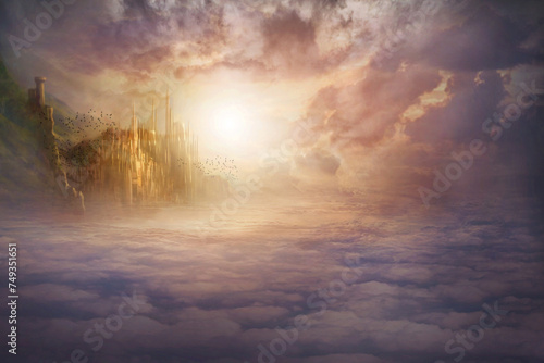 Heaven  sky and castle with light for fantasy  creative imagination and eternity with birds  clouds and sunlight. Mystical  mansion and architecture for holy paradise  religion and spiritual palace