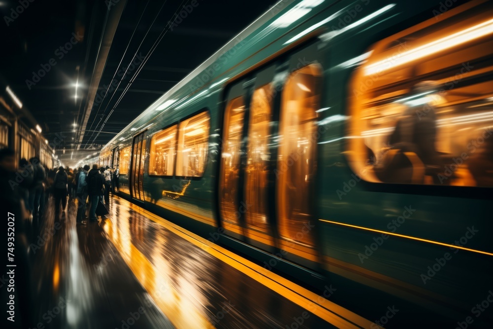 Obraz premium Blurred image of people waiting for subway at night
