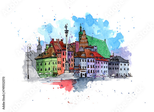 Warsaw city center old town hand drawn illustration