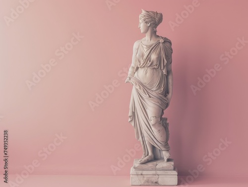 Antique Greek full length Sculpture of female goddess with pink pastel background with copy space. Ancient Statue of Woman in profile stand. Modern trendy y2k style