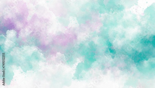 Artistic purple, cyan and white watercolor background with abstract cloudy sky concept. Grunge abstract paint splash artwork illustration. Beautiful abstract fog cloudscape wallpaper.