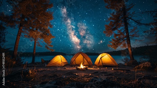 Camping under the Stars: A cozy campsite under a starry night sky, with a crackling campfire and silhouetted tents, conveying the joy of outdoor camping