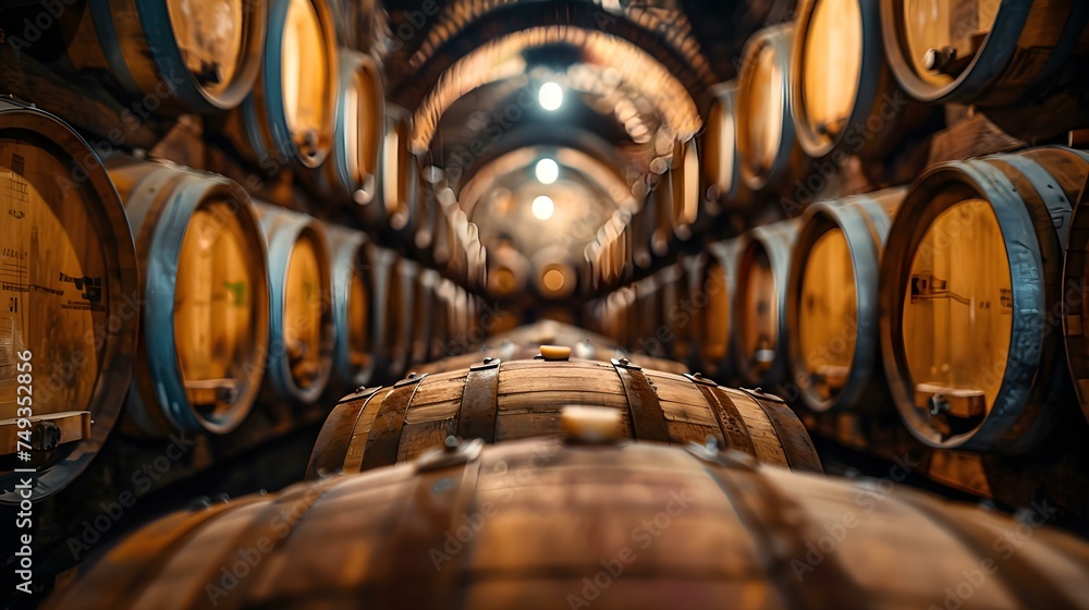 Cellar Filled with Aged Oak Barrels of Wines, Brandies, and Whiskies. Concept Wine Cellar, Aged Oak Barrels, Brandies, Whiskies, Spirits, Beverages