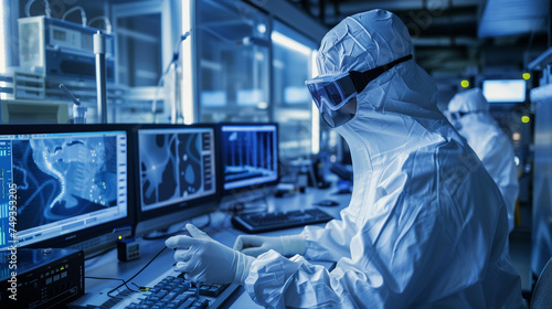 Amidst the glow of computer monitors and the hum of ventilation systems, workers in protective suits analyze data and interpret results, their expertise and attention to detail cri