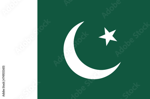 Close-up of green and white national flag of Asian country of Pakistan with white star and crescent moon. Illustration made February 11th, 2024, Zurich, Switzerland.