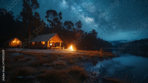 Camping under the Stars: A cozy campsite under a starry night sky, with a crackling campfire and silhouetted tents, conveying the joy of outdoor camping