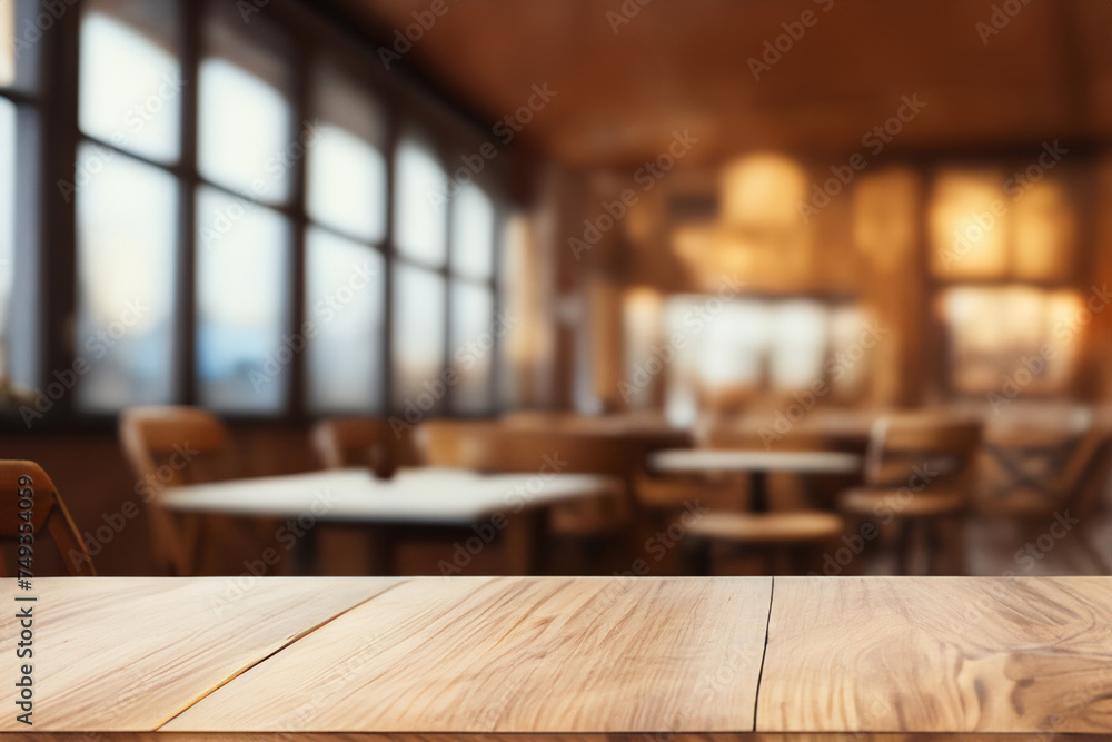 Wood table with blurred cozy cafe Wood table with blurred cozy cafe