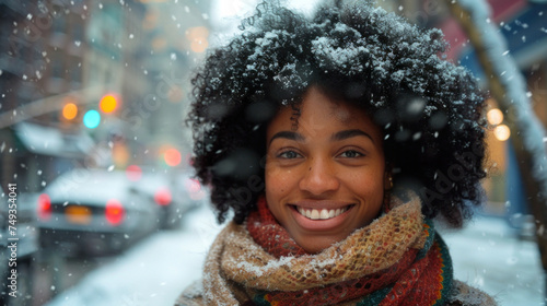 A Smiling African-American Woman Explores New York City in Winter