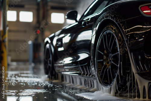 Black sports car getting professionally washed