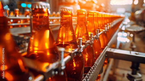 Beer bottles on a conveyor belt in a brewery production line. Shallow field of view.