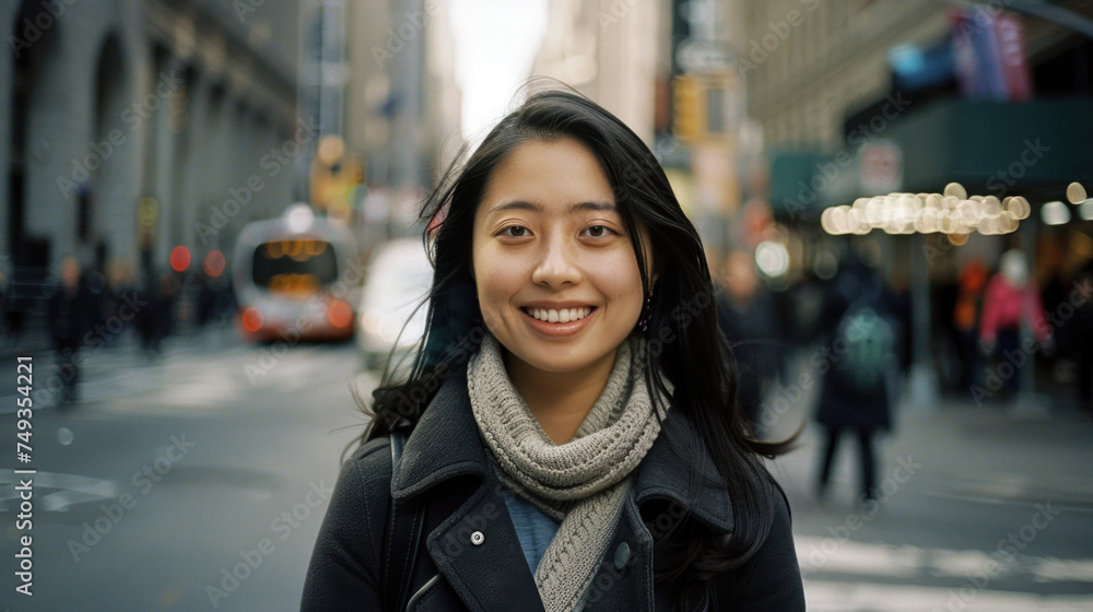 Fototapeta premium A Smiling Asian Woman Captures the Spring Spirit