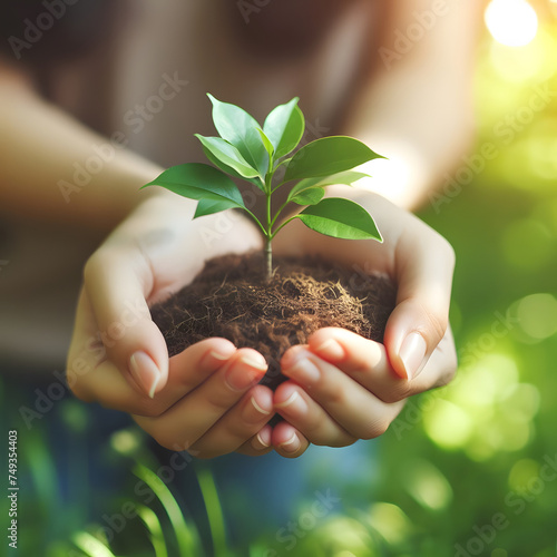 Environment Earth Day In the hands of trees growing seedlings. Bokeh green Background Female hand holding tree on nature field gra