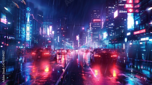 Spectacular nighttime in cyberpunk city of the futuristic fantasy