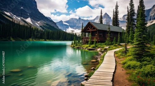 A cozy wooden house, a path on the shore of a turquoise lake near the Rocky high mountains. A log cabin for summer tourists in the national park. Horizontal Banner, Travel, Tourism, Nature, Copy space