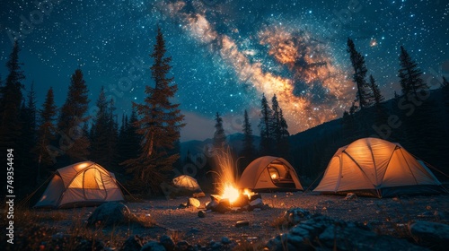 Camping under the Stars: A cozy campsite under a starry night sky, with a crackling campfire and silhouetted tents, conveying the joy of outdoor camping