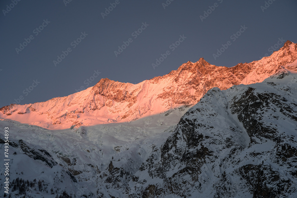 Täschhorn, Dom and Südlenz in the Mischabel Mountain Range in the Alps at Sunrise, Saas-Fee, Switzerland