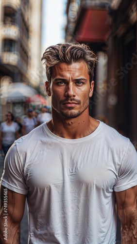 Portrait of a handsome young Male fitness model in a Blank white T-shirt. Mockup design concept