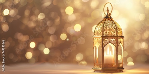 Ramadan Eid background with star crescent moon lights, moon decorative elements and lanterns. photo