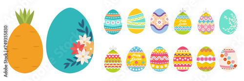Happy Easter. Set of Easter eggs with different textures on a white background. Spring holiday. Vector Illustration. Happy easter eggs