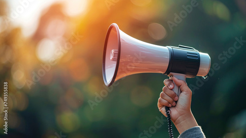megaphone in a man's hand on a blurred background © ТаtyanaGG