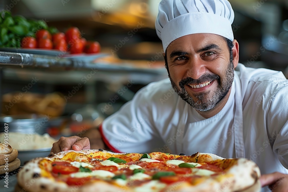 portrait of happy Italian male chef cooking pizza. ai generated portrait of happy Italian male chef cooking pizza. ai generated