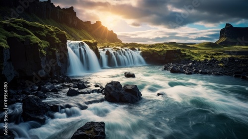 A Picturesque Landscape, A view of a Beautiful Waterfall in the sunlight at Sunset. Horizontal Banner, Travel, Tourism, Nature Background. © liliyabatyrova