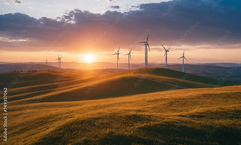 Obraz premium Wind turbines on the hills at sunset. Windmills for electric power production.