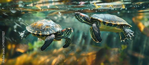 Two red-eared turtles, a species known for its vibrant coloration, are seen swimming side by side in crystal clear water. Their shells glisten in the sunlight as they gracefully glide through the