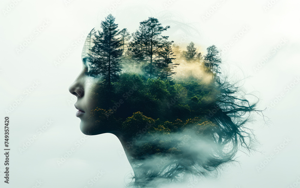 Surreal double exposure portrait blending a human profile with a forest landscape, representing the connection between mind, nature, and the concept of human as part of the environment