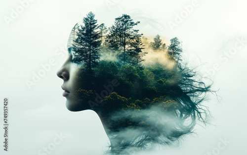 Surreal double exposure portrait blending a human profile with a forest landscape, representing the connection between mind, nature, and the concept of human as part of the environment © Bartek