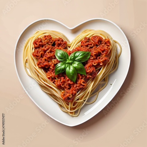 I love spaghetti! Heart shaped noodles with bolognese sauce and basil decoration | Perfect for restaurant menu and advertisment