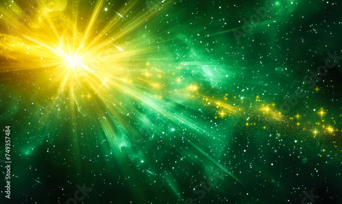 Radiant green light beams radiating from a single luminous point with particles, depicting energy, vitality, or a mystical celestial event in space