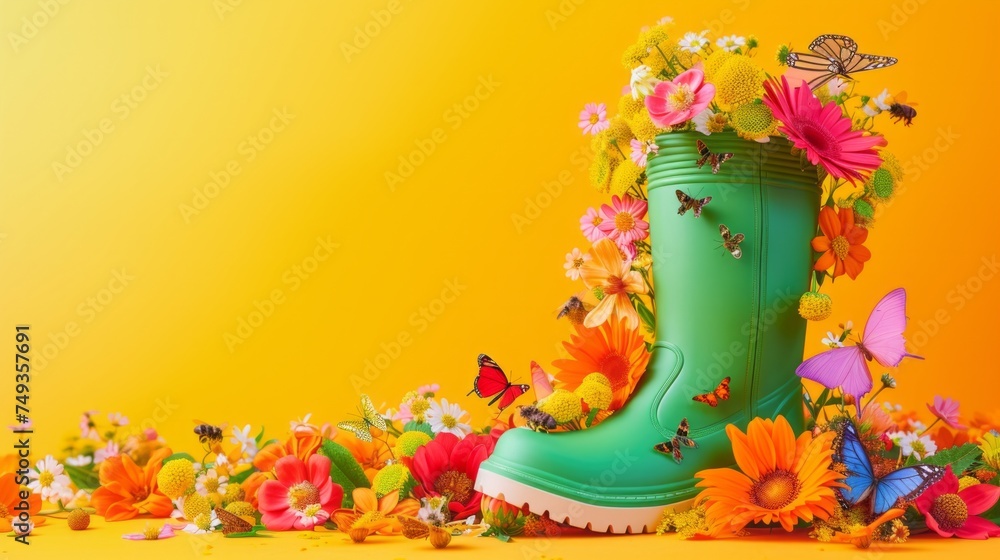 Green rubber boot with spring flowers inside and butterflies around on bright background, concept of the arrival and celebration of spring, banner with copyspace